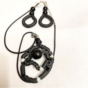 Bohemian Necklace and Earring Set with Wire Wrapped Design Charm in Black.
